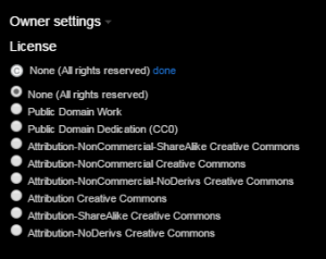 Screenshot of the Owner settings section after the 'edit' button has been clicked. All of the Creative Commons licence options are displayed and can be clicked on to select and apply to the image.