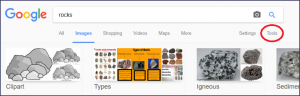 Screenshot of a Google image search for 'rocks'. The word 'rocks' has been typed into the searchbar. Images of rocks are displayed as search results. Below the search bar a red circle has been marked around the 'Tools' button.