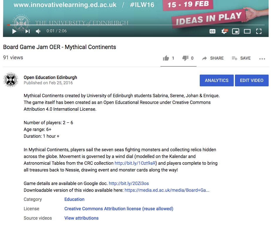 Sceenshot of the expaned 'Details' section of a YouTube video with text describing the content of the video and the following information: Category: Education License: Creative Commons Attribution license (reuse allowed) Source videos: View attributions
