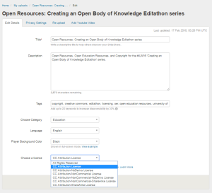 Screenshot showing the 'Edit Details' Screen with the 'Choose a license' menu at the bottom of the screen displaying all of the CC licences.