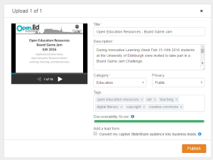 Screenshot of the basic upload page on SlideShare asking for: Title, Description, Category, Privacy, Tags.