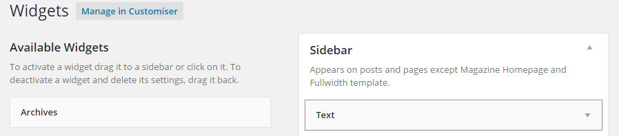 Widget customiser dashboard