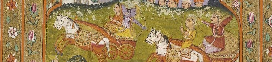 Detail of miniature from scroll relating the Mahabharata. Shows Krishna, armed with a bow and arrow, riding a chariot, aiming at another chariot which is following it.