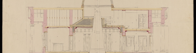 Architectural line drawing on large building with columns, arches, and doorways.