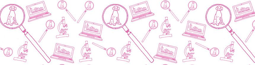 Icons of laptop, microscope, and magnifying glass over a dog.