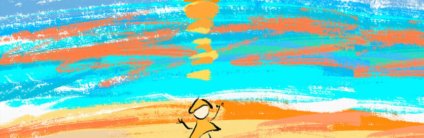 Abstract image of a stylised person in front of a setting sun, coloured in blue, orange and yellow.