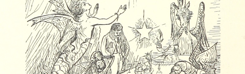 Illustration of fantastical creatures sitting at a table including a floating fairy/mermaid and a dragon.
