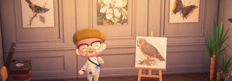 Three paintings hung on wall (bird, flower, butterfly) and easel on floor (owl).