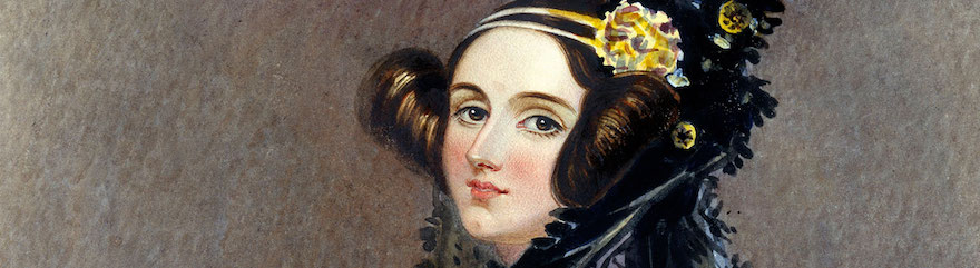 Grey background with the face of a white European woman with brunette hair in elegant buns either side of her face and yellow hair decorations of a noble woman.