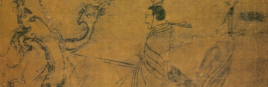 Black line art image on brown background of a Chinese man riding a dragon