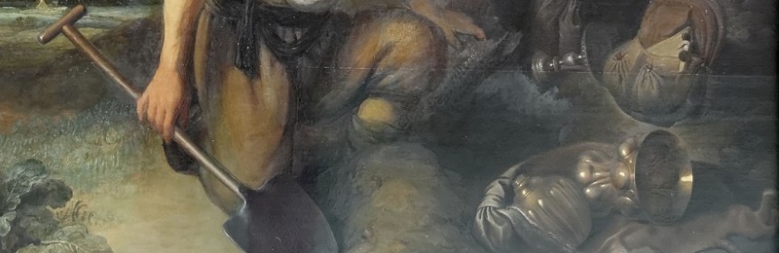 Section of painting showing a man kneeling with a shovel digging for treasure