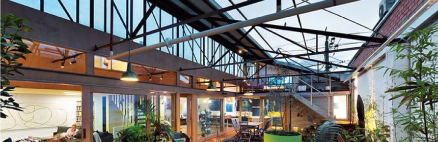 Architectural warehouse with skylight and many plants