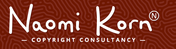 Red background, white text reads: Naomi Korn, Copyright Consultancy