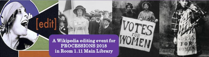 A woman shouting the words "Edit", suffragettes marching and holding up signs "votes for women".