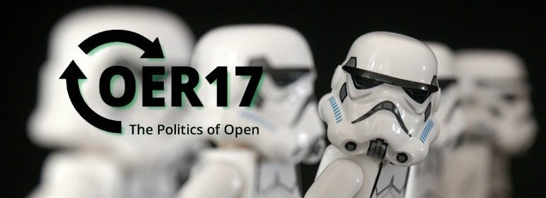 A row of lego Storm Troopers, one Tropper has broken rank and is looking at the viewer. The image is overlaid with text "OER17 The Politics of Open"