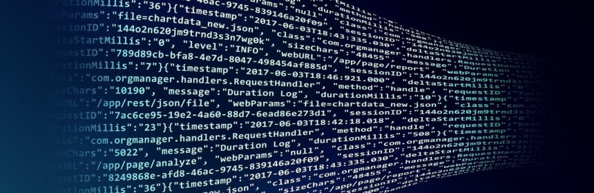 Image of white data on blue background, receding into distance