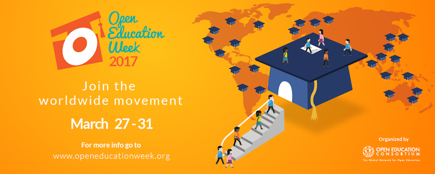 Image of multi-coloured figures walking up steps into a graduation cap, more people are walking on the top of the cap. A map of the world is behind it with more caps on sites of major world cities. Text reads: Open Education Week 2017, Join the worldwide movement March 27-31