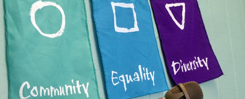 three flags with the words: community, Equality, Diversity