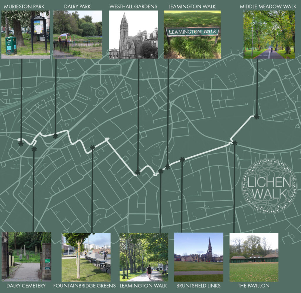 Map of lichen walk around Edinburgh with photographs and route.