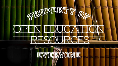 photo of some books on shelves with lettering over the top saying Property of Everyone: Open Education Resources