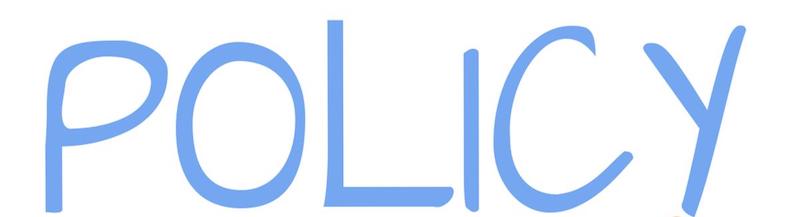 The word policy being written by a hand with a blue pen