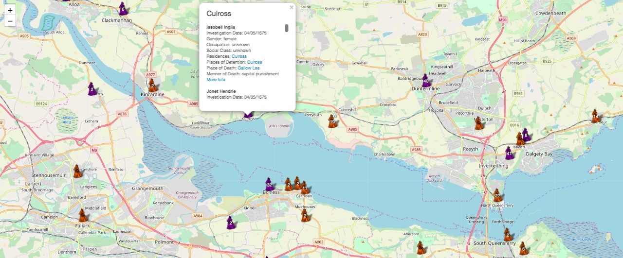 Map of accused witches place of residence in Fife and Lothian